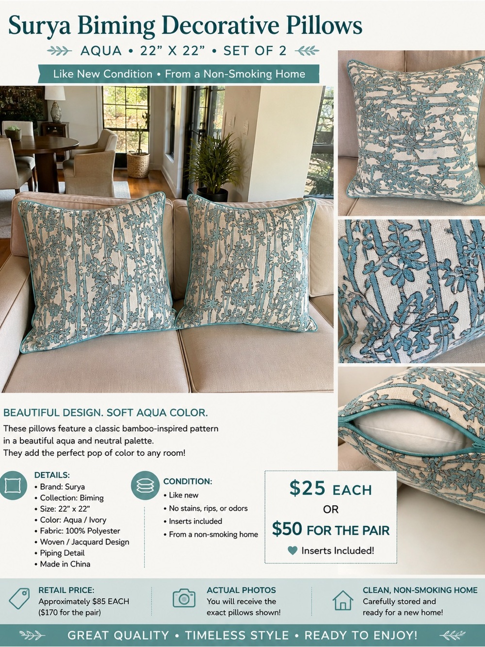 Aqua Decorative Accent Pillow - Set of 2